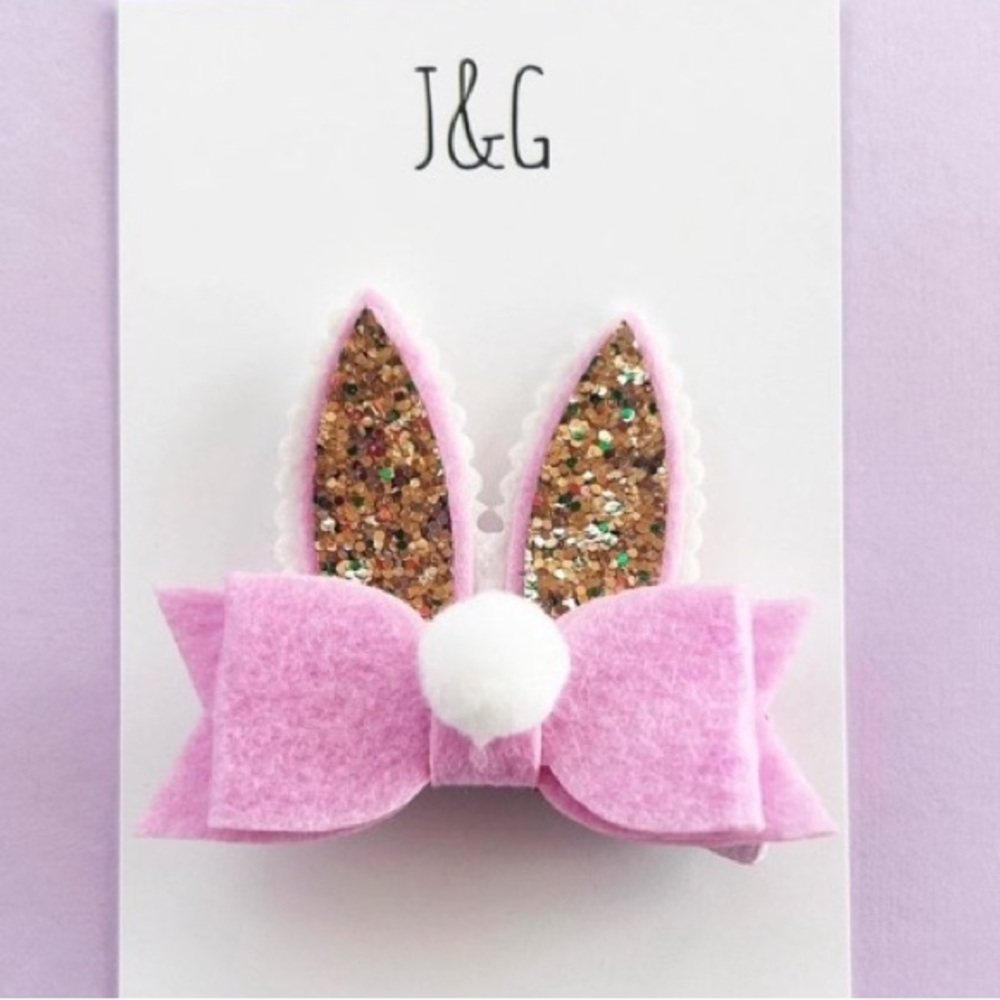 Easter pink felt and white felt/glitter bunny ears with tail alligator hair clip